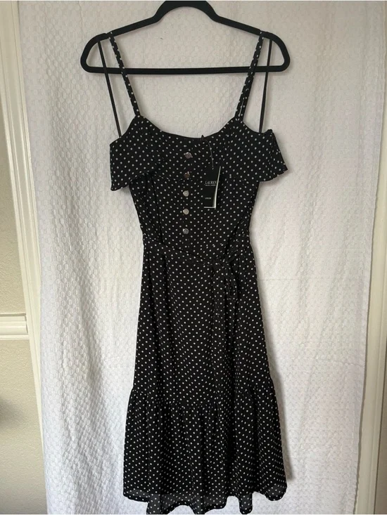 Lauren Ralph Lauren Black Polka Dot Midi Dress Sz. 12 NWT Spaghetti Strap Ruffle - Picture 2 of 5